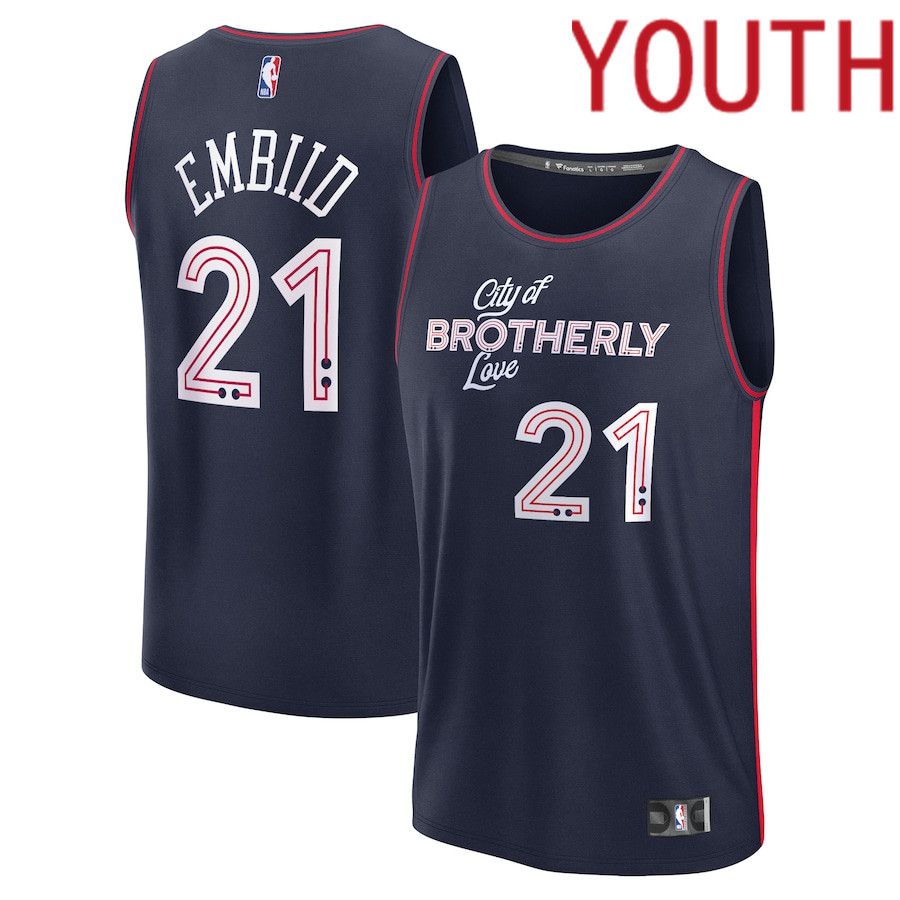 Youth Philadelphia 76ers #21 Joel Embiid Fanatics Branded Navy City Edition 2023-24 Fast Break NBA Jersey->->Youth Jersey